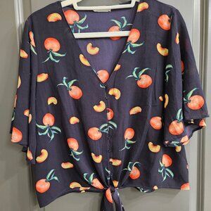 Lush Peach print tie-front button blouse - navy - size Small